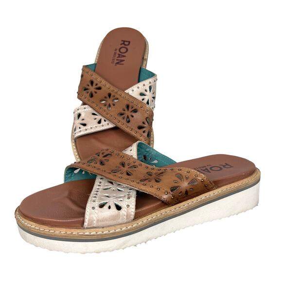 ROAN by BED STU Women's 6.5 Brown White Chant Leather Cross Strap Leather Sandal - Picture 1 of 11